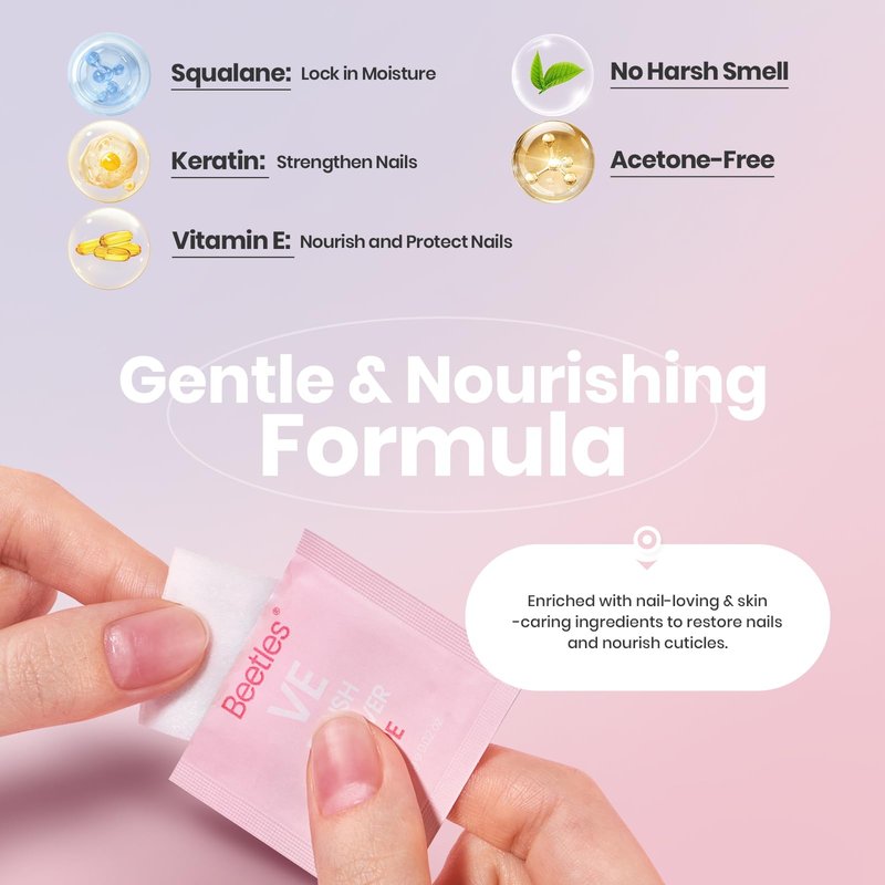 Beetles Nail Polish Remover Wipes - Non-Acetone, 50 Pack 2-in-1 Remove & Nourish Nail Polish Remover Pads - Travel Size, Individually Wrapped with Vitamin E for Quick Dry Nails Polish