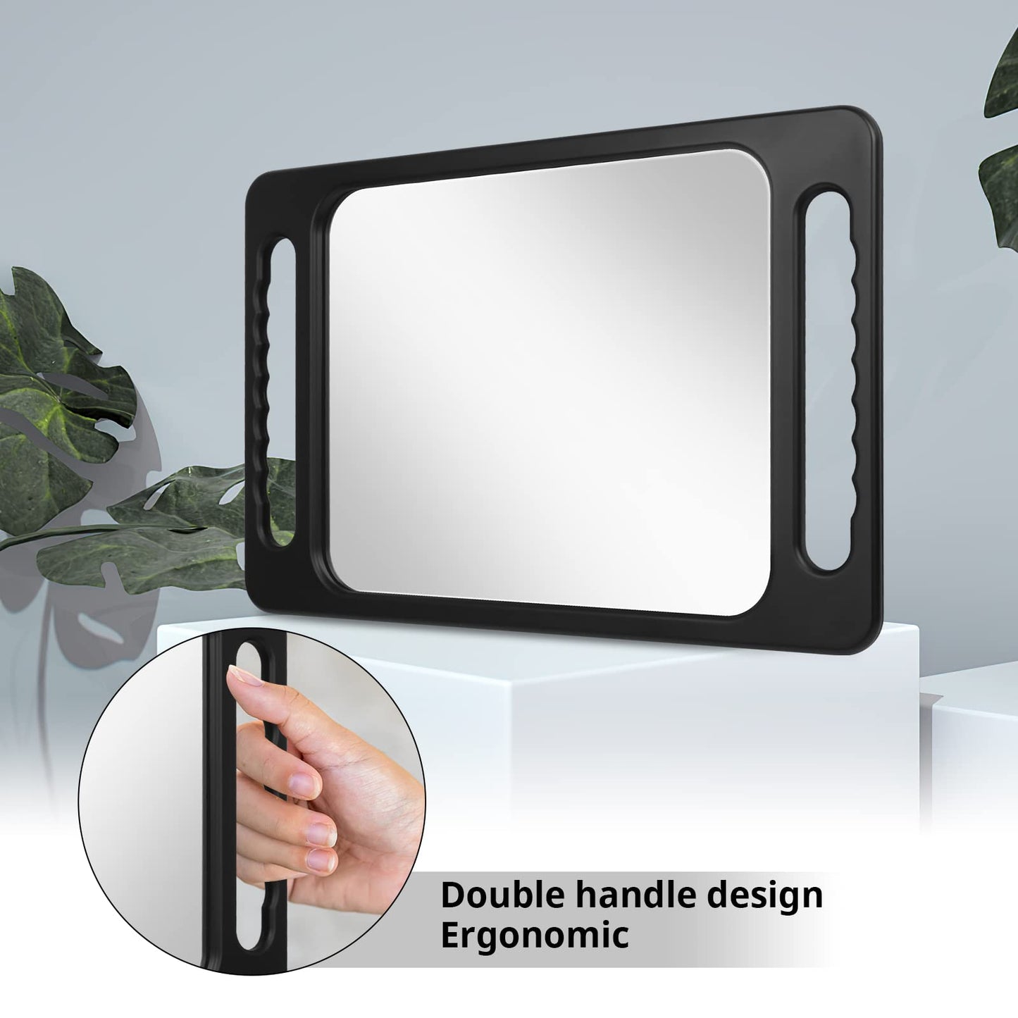Drop-Proof Hand Mirror with Double Handle, Large Rectangular Hand held Mirror -(16"x10") Largehand Mirrors with Handle for Salons and Beauty Salons, Light Hair(Black)