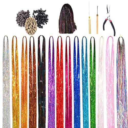 Hair Tinsel Kit, 16Color 47 Inches Glitter Heat Resistant Tinsel Hair Extensions Tensile with Hair Beads Wigs Tools & Accessories Tools Gift Set for Halloween Christmas Women Girls (16 COLOR KIT)