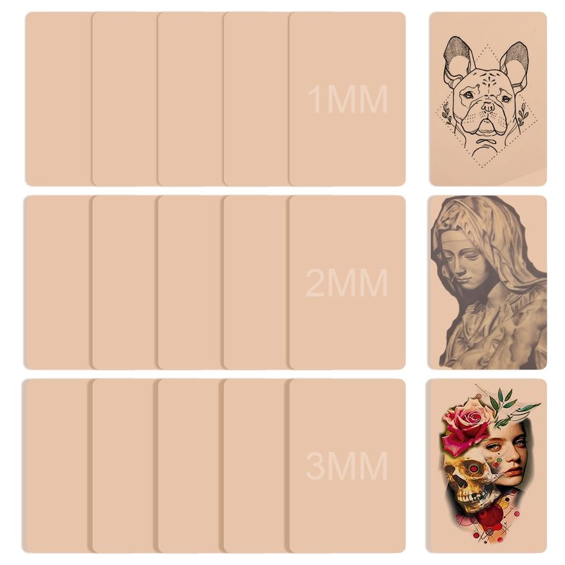 Tattoo Practice Skin Sheets, Jconly 8x6 Inch Fake Skin 15-Pack with 1mm/2mm/3mm Thickness - Realistic Feel Reusable Silicone for Tattoo Training, Beginners & Professional Artists