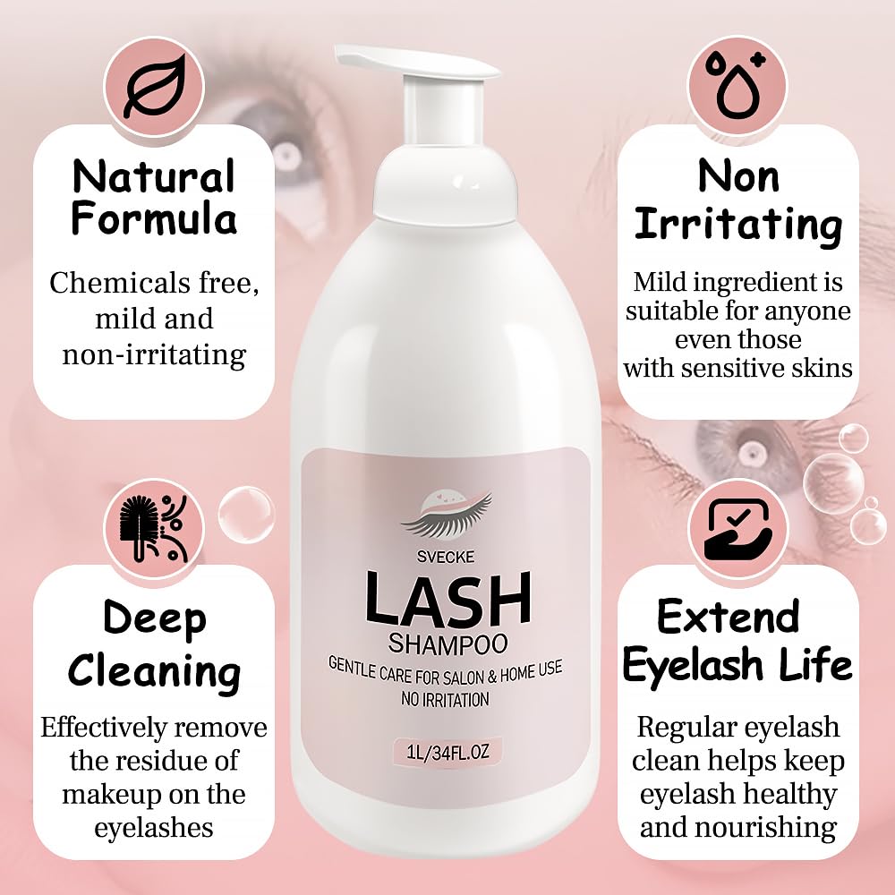 SVECKE Lash Shampoo 34fl.oz/1L, Eyelash Shampoo for Lash Extension, Eyelash Extension Cleanser, Lash Eyelid Foam Cleaning Kit for Salon Use and Home Use