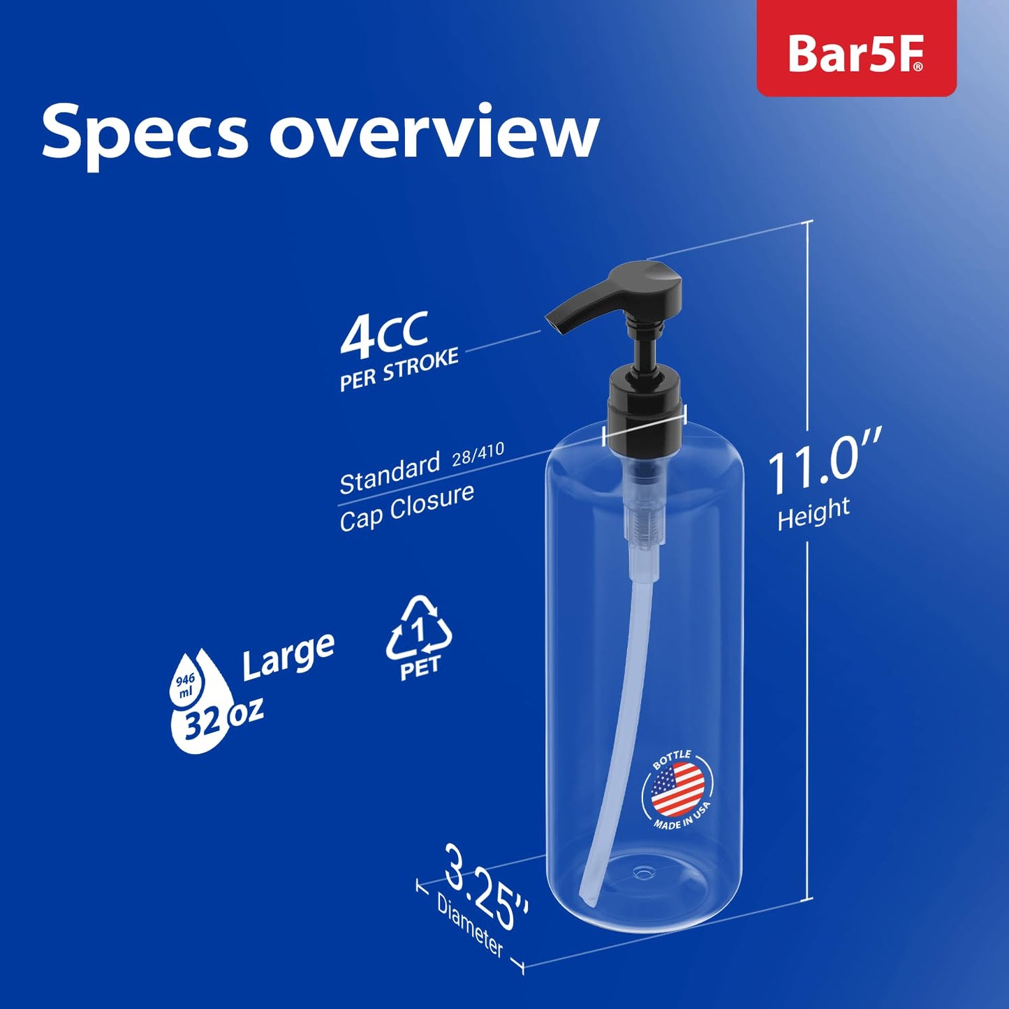 Bar5F Empty Shampoo Bottles with Pumps (32oz/1Liter/Large) BPA-Free PETE1 Plastic Bottle Crystal-Clear (Pack of 4)