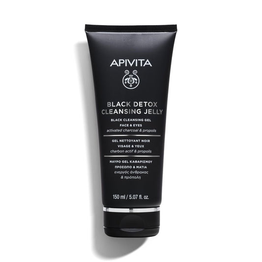 Apivita Black Detox Cleansing Jelly, Detoxifying Face & Eye Cleansing Gel with Activated Charcoal & Propolis