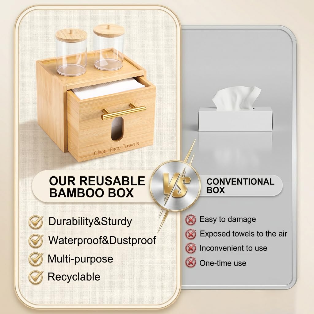 BSSN Disposable Face Towel Holder, Bamboo Clean Towels Xl Holder with Cotton Swab Container and 60ct Towels, Countertop Skincare Organizer, Bathroom Vanity Storage Box for Face Tissues, Makeup Pads
