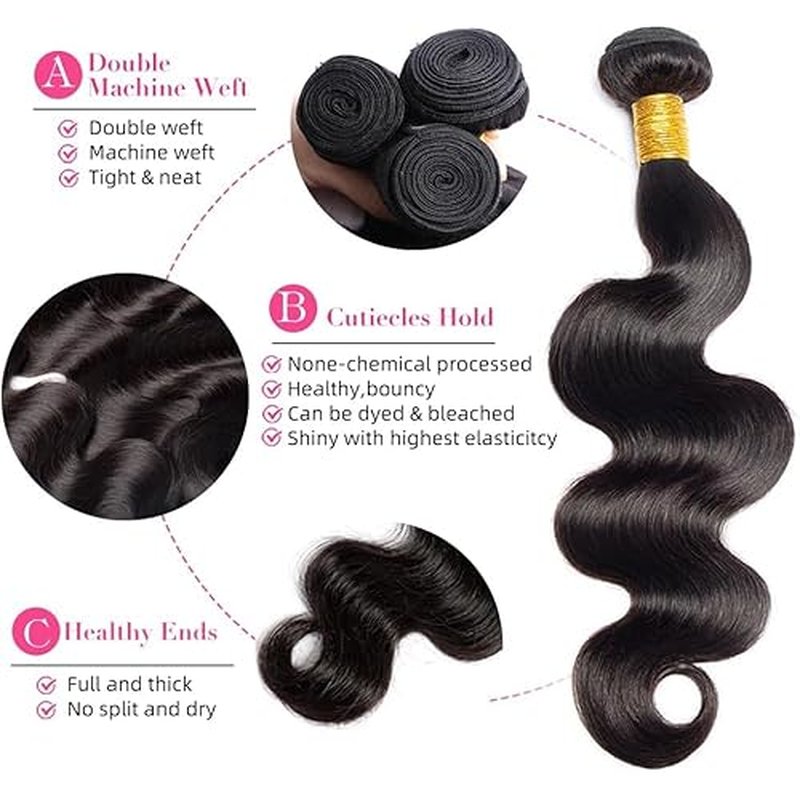 MsSunlight Human Hair Bundles 18 20 22 24 Inch 12A Body Wave Bundles Human Hair 100% Unprocessed Brazilian Virgin Hair 4 Bundles Human Hair Body Wave Human Hair Extensions Natural Black