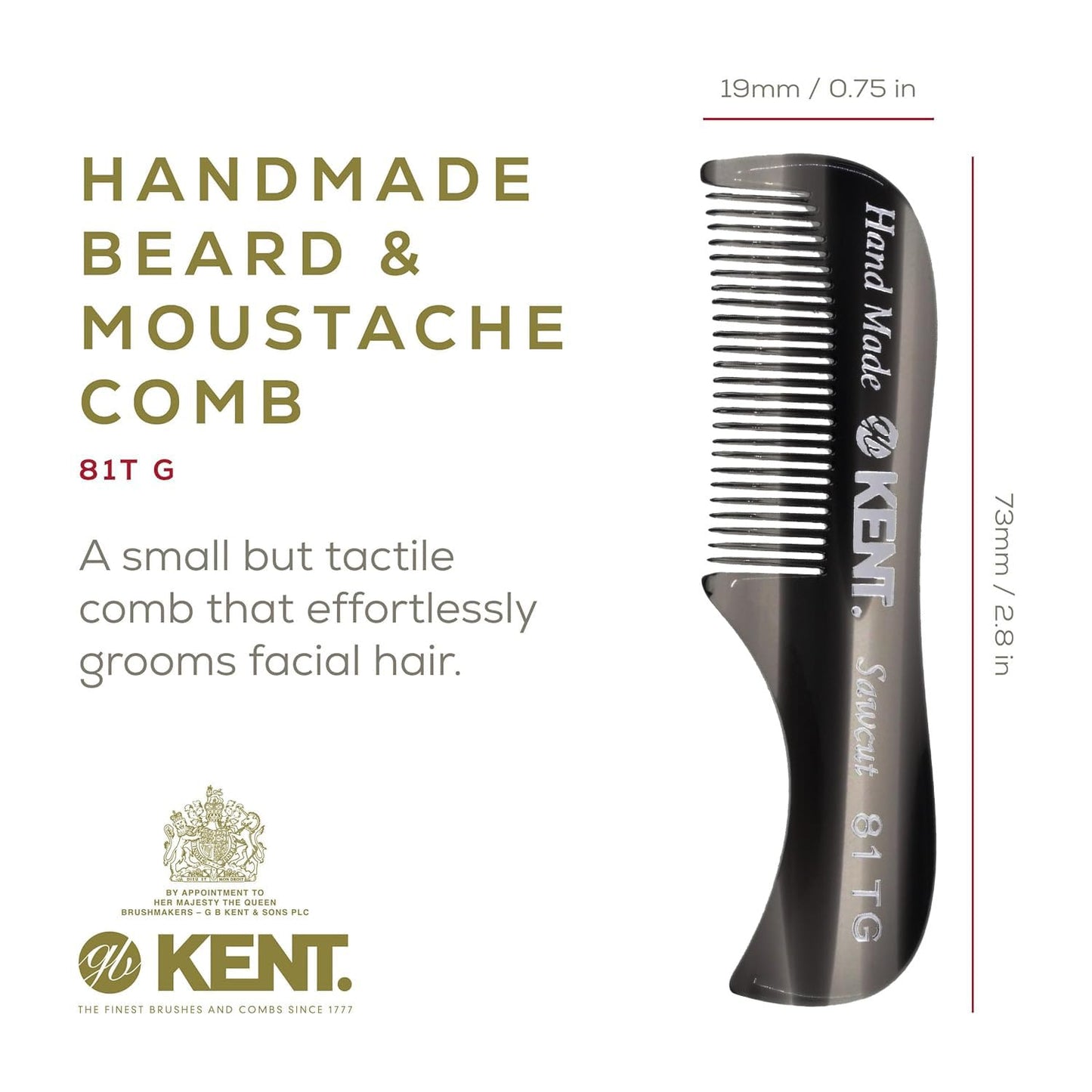KENT A 81T Graphite X-Small Men's Beard Mustache Pocket Comb, Fine Toothed for Facial Hair Grooming and Styling. Hand-Made of Quality Cellulose Acetate, Made in England