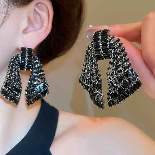 Missgrace Women Silver Hypoallergenic Rhinestone Earrings Dangling Sparkly Black Dangle Earrings Bow Chandelier Earrings Tassel Large Studs Crystal Statement Earrings for Women
