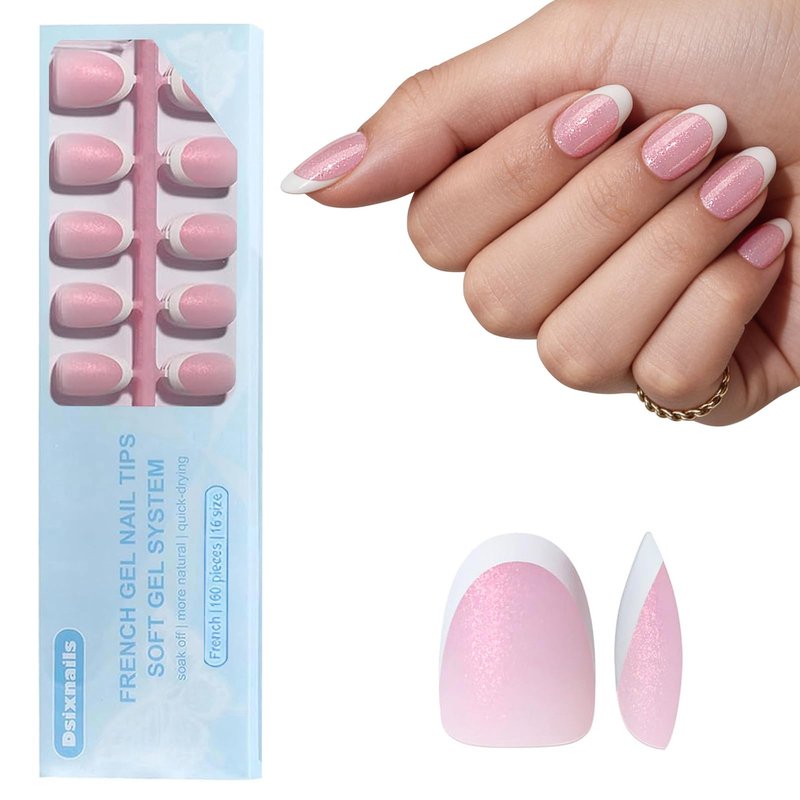 Dsixnails Pink Glitter Base Soft Gel Nail Tips, 160Pcs Short Oval French Tip Press On Nails, Pre-Lasting Acrylic Fake Nails, Soak Off Full Cover Nails Extension for Women Girl 16Sizes