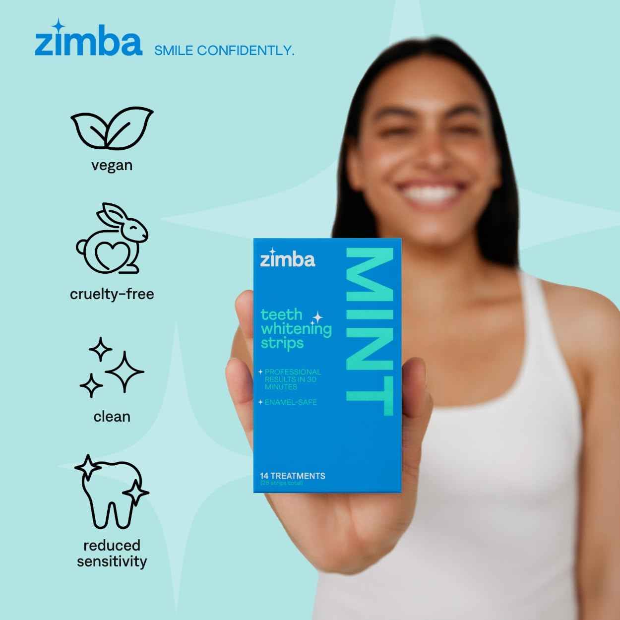 Zimba Teeth Whitening Strips Vegan Whitening Strip Enamel Safe Teeth Whitening Hydrogen Peroxide Teeth Whitener for Coffee, Wine, Tobacco, and Other Stains, 28 Strips (14 Day Treatment), Mint