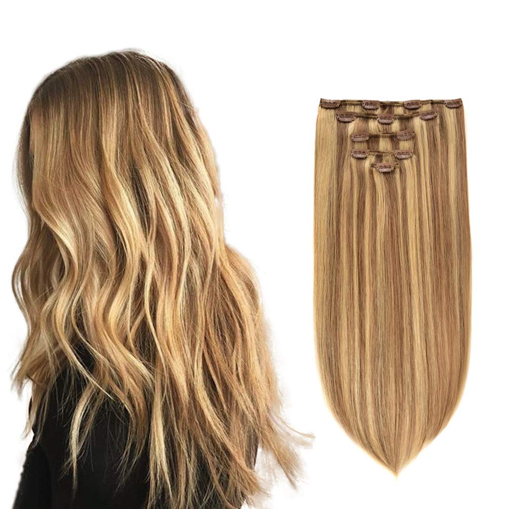 5 Pieces 12" Remy Clip in Ombre Hair Extensions Human Hair Light Blonde Mixed Golden Blond Highlights - Silky Straight Long Thick Real Hair Extensions for Women Fashion (12 inches, #16/22, 60grams)