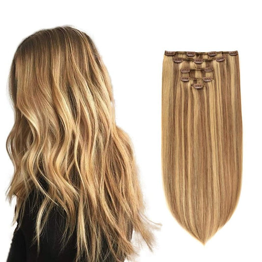 5 Pieces 12" Remy Clip in Ombre Hair Extensions Human Hair Light Blonde Mixed Golden Blond Highlights - Silky Straight Long Thick Real Hair Extensions for Women Fashion (12 inches, #16/22, 60grams)