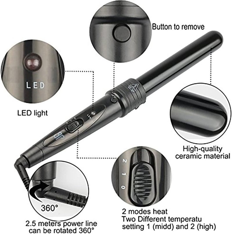 Tourmaline 3-in-1 Curling Wand Set | Interchangeable Ceramic Barrels & Heat Resistant Glove - Black