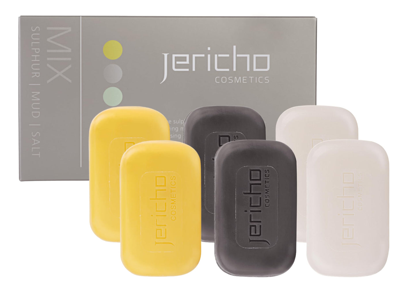 Jericho Dead Sea Soap Bar Variety Pack – 3 Bars (Cleansing, Sulfur, Mud) – Mineral-Rich Face & Body Soaps for All Skin Types, Oily Skin, and Acne Care - 4.4 oz / 125g (Pack of 6)