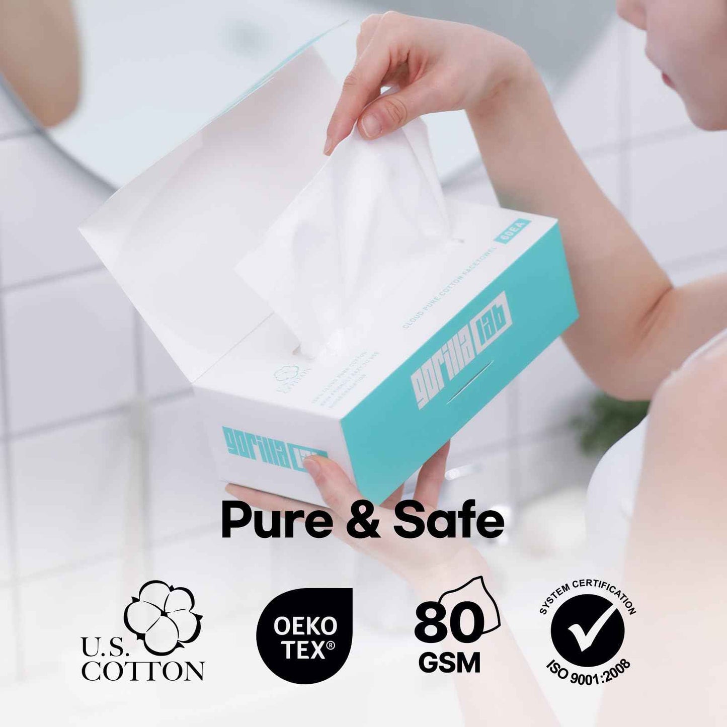 Gorilla Lab Cloud Touch Face Towels, 60 Count, 100% USA Cotton, Waterjet Spunlace for Ultra Softness, Purifying & Refreshing Disposable Facial Wipes for Sensitive Skin