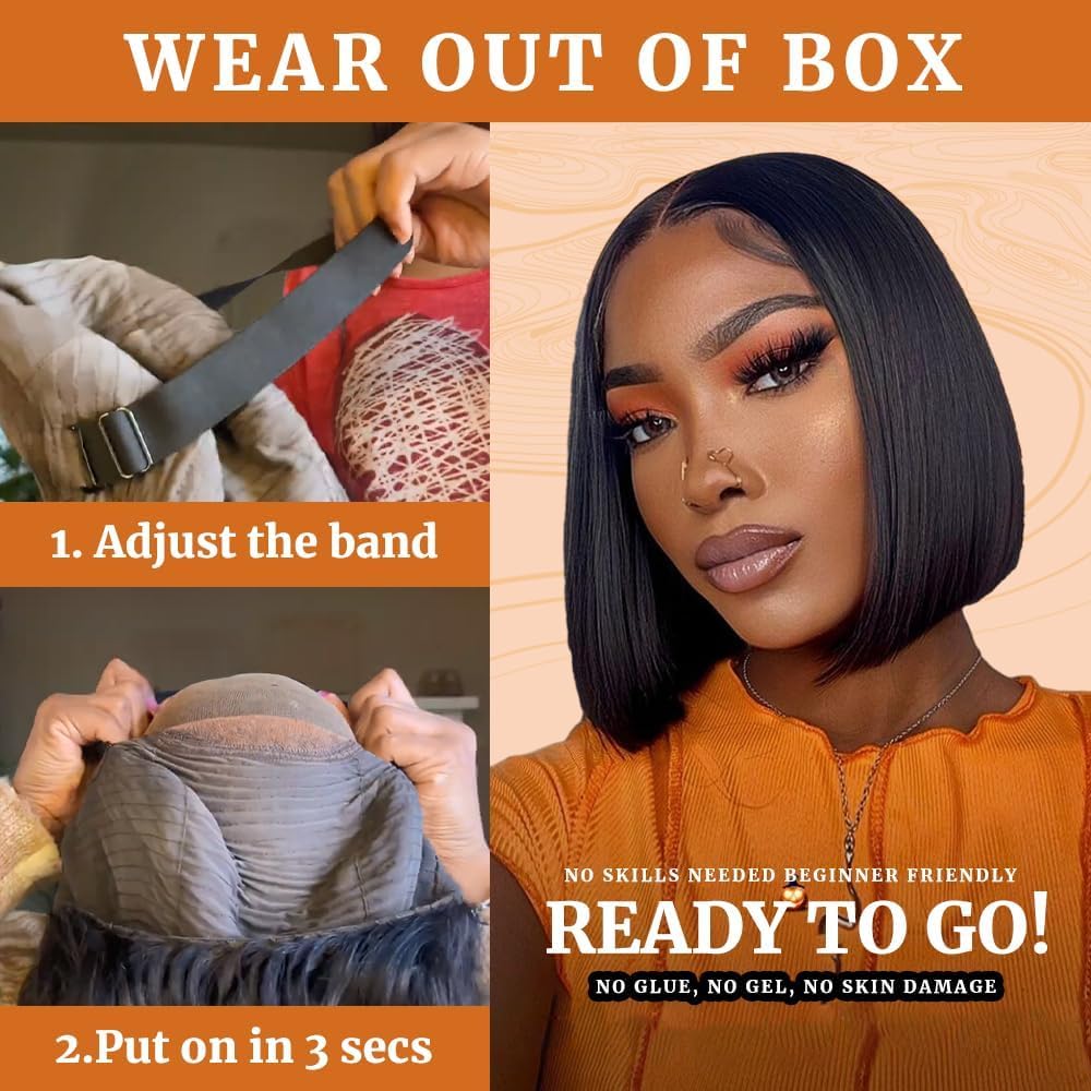 GUDOZO Bob Wig Human Hair 10 inch Glueless Wigs Human Hair Pre Plucked Pre Cut 4x4 HD Lace Front Glueless Wigs Human Hair 180% Density Short Straight Bob Wigs for Black Women