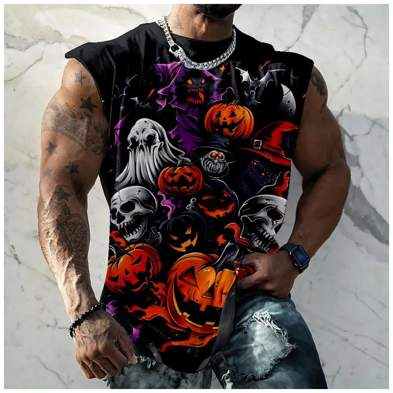 Graphic Tees Men Novelty Workout T Shirts Soft Collarless Loose Summer Tee Big Breathable Halloween Black,3XL