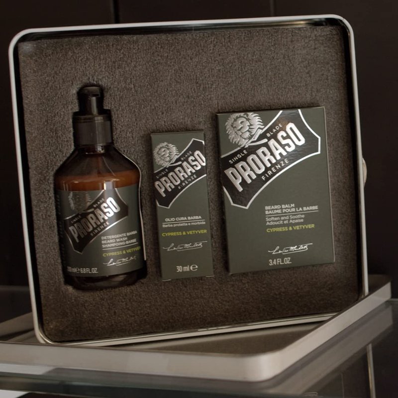 Proraso Cypress and Vetyver Complete Beard Care Kit - Beard Wash, Oil, and Balm with Fresh, Earthy Scent - Premium Italian Gift Set for Men in Collectible Tin Box
