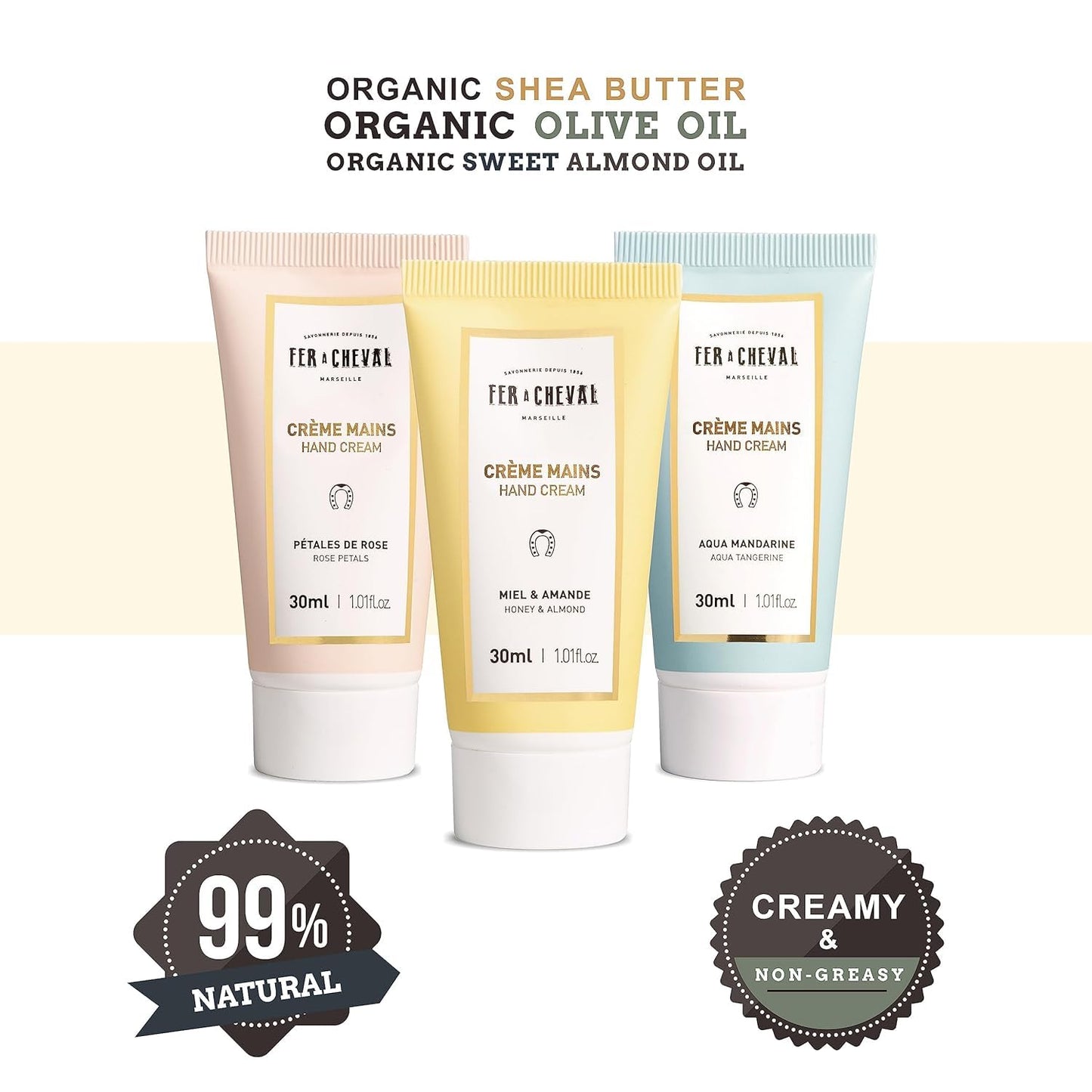Fer à Cheval Moisturizing Scented Hand Cream Set, Creamy Hand Cream Travel Size Lotion Organic Shea Butter Hand Lotion | Pack of 3 (Honey & Almond, Rose Petals, Aqua Tangerine) 30ml/ 1.01 fl oz