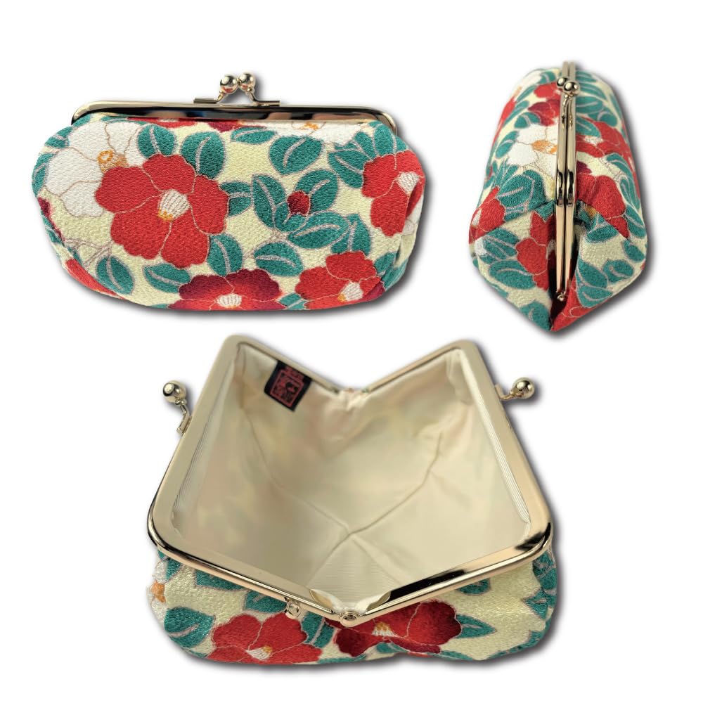 Kiss Lock Small Makeup Bag for Purse [ Made in Japan] Traditional Edo Komon Design Cute Cosmetic Pouch (Camellia flower (Ivory))