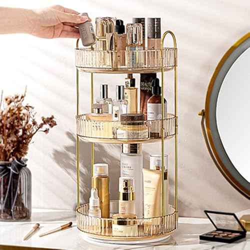 Makeup Organizer for Vanity, 360¡Æ Rotating Bathroom Organizer Countertop, High-Capacity Skincare Organizer, Spinning Cosmetics Organizer for Dresser Countertop (3 Tiers, Amber)