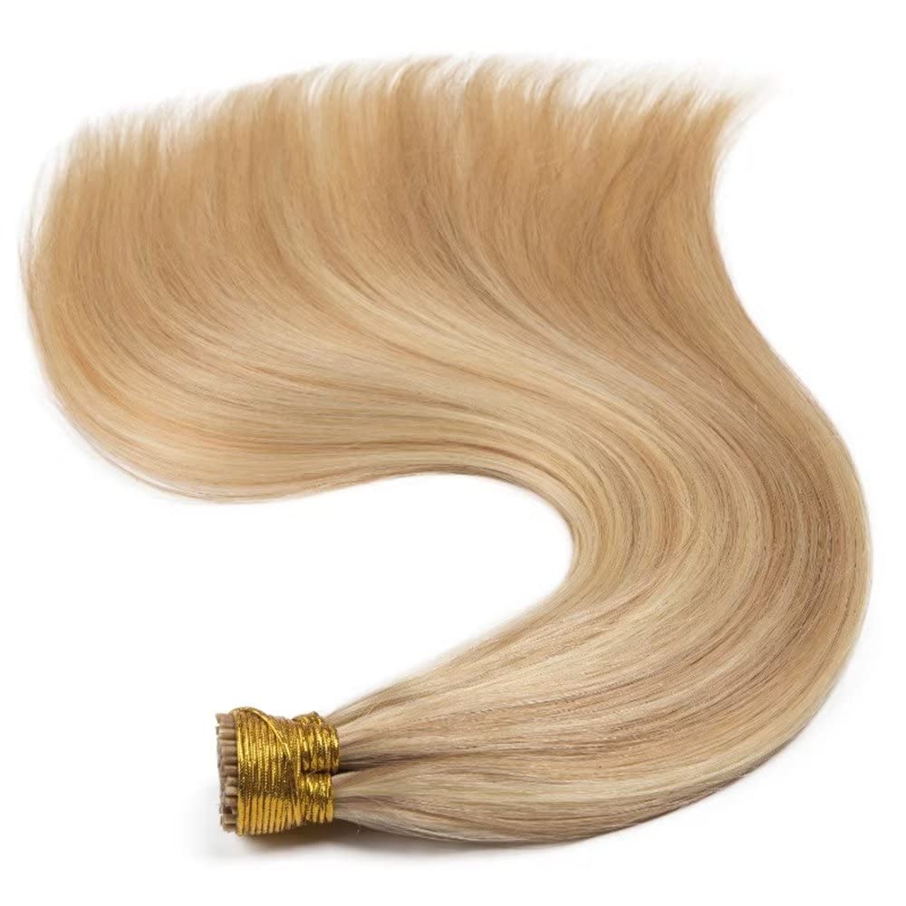 Beayhal I Tip Remy Human Hair Extensions Cold Fusion Hair Piece Pre Bonded Keratin Stick In Hair Extensions Long Straight #18/613 Golden Brown Highlighted Bleach Blonde Hairpieces 100 Strands 100g 16"