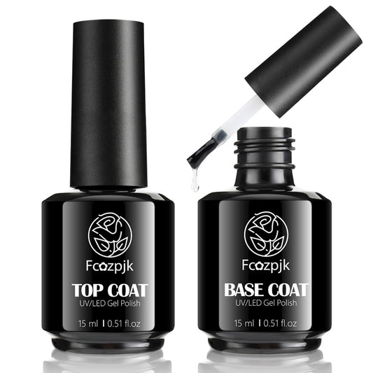 Fcozpjk Gel Top Coat, 2Pcs 15ml No Wipe Top Coat and Base Set Glossy Finish Shiny Top Nail Polish Soak Off Clear Base Gel Manicure Art Supplies