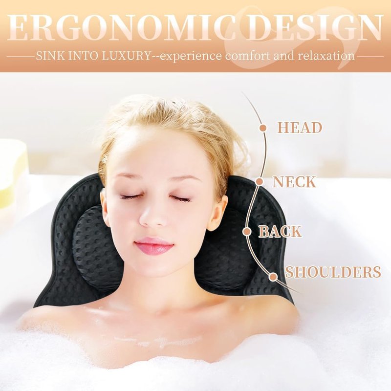 Bath Pillow for Tub - Ergonomic 4D Air Mesh Cushion for Head, Neck & Back Support | Quick-Drying & Machine Washable (Black)
