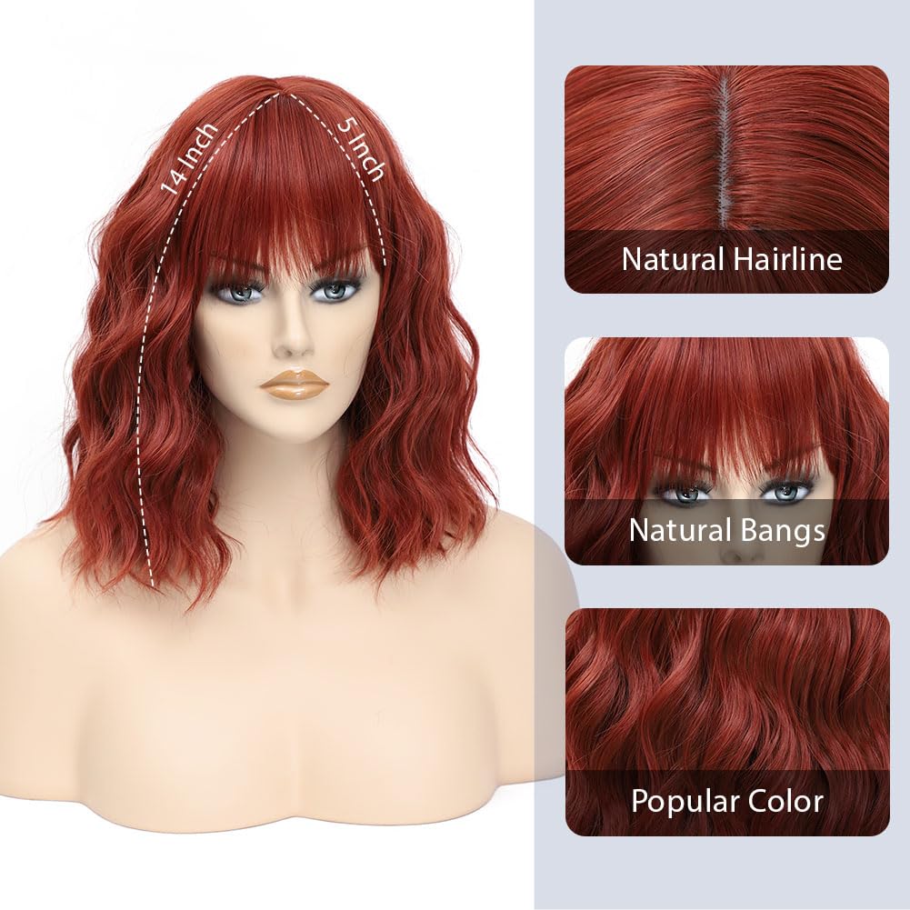 LOSMOEER Auburn Wig with Bangs Short Wavy Copper Red Wigs for Women Shoulder Length Curly Bob Wigs Heat Resistant Synthetic Wigs for Halloween Cosplay Daily Party Use