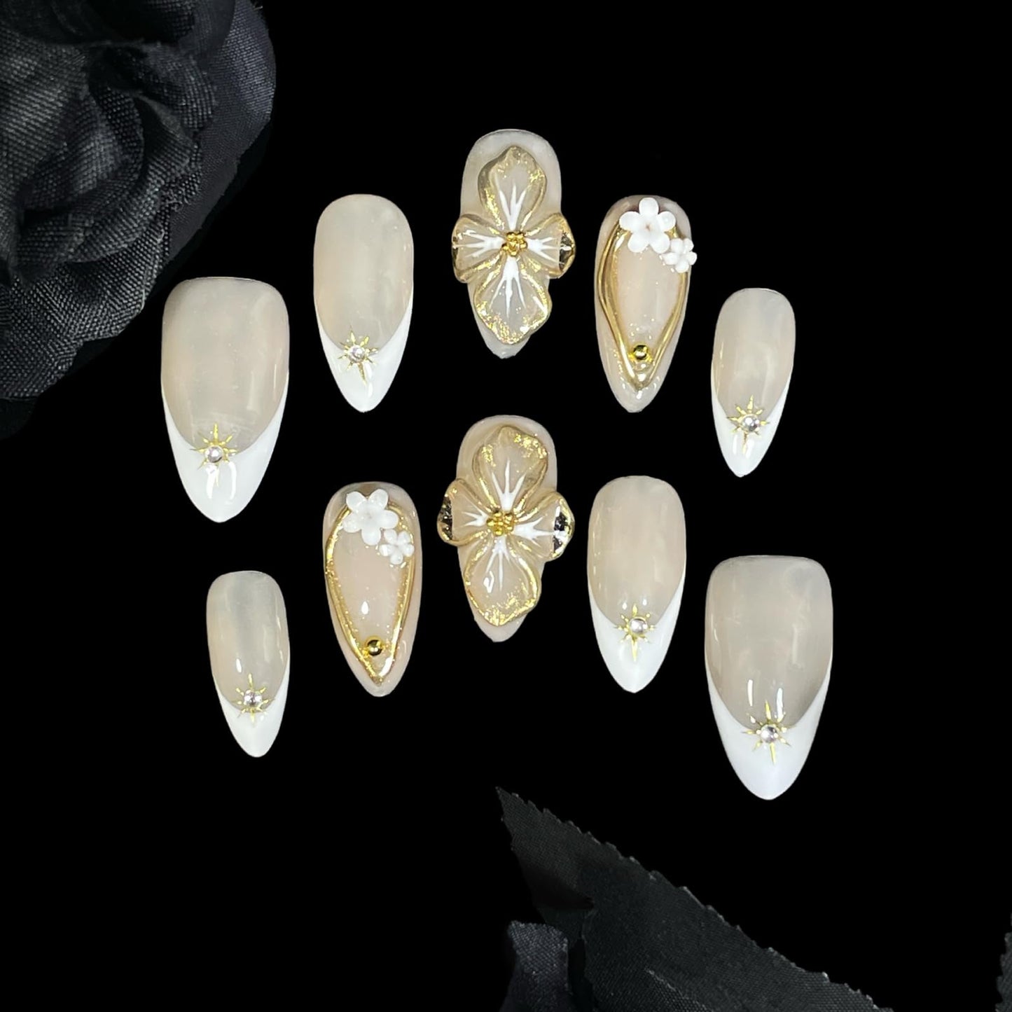 Handmade Press On Nails Medium Almond Shape White French 3D Floral & Star Design with Gold Accents | Elegant Fake Nails Reusable Acrylic Nail Tips with Crystals & Soft Beige Base (Elegant White, S)