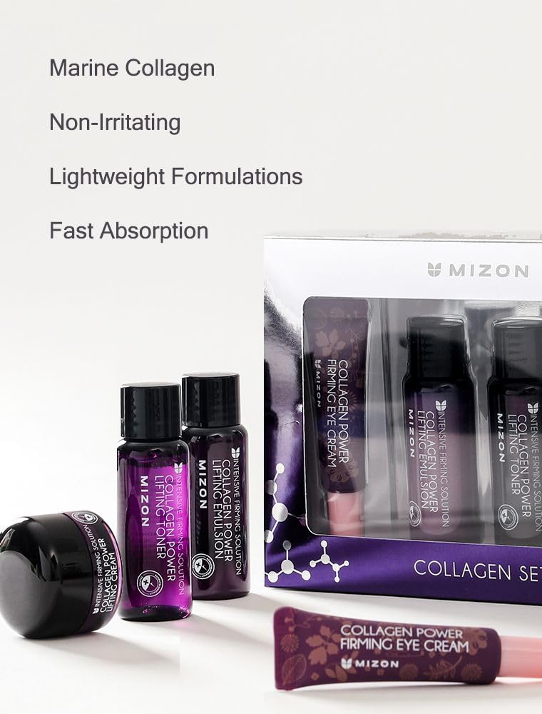 MIZON Marine Collagen Mini Set Travel Skincare Set (Toner+Emulsion+Eye Cream+Face Cream) Elasticity Booster Youth Recovery-Stocking Stuffers for Woman