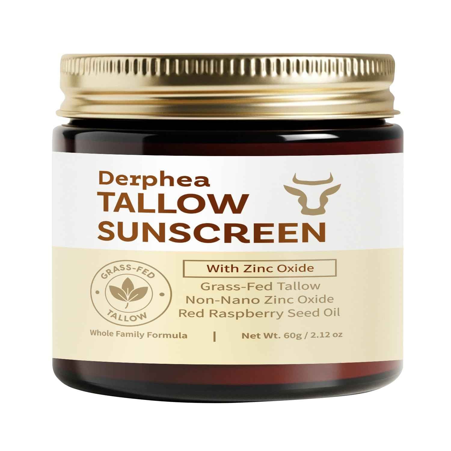 Derphea Natural Beef Tallow Sunscreen – SPF 50 Daily Sun Care for Extremely Sensitive, Acne-Prone & Kid-Safe Skin – Non-Toxic Sunblock with 22% Non-Nano Zinc Oxide, Clean Formula for Face & Body