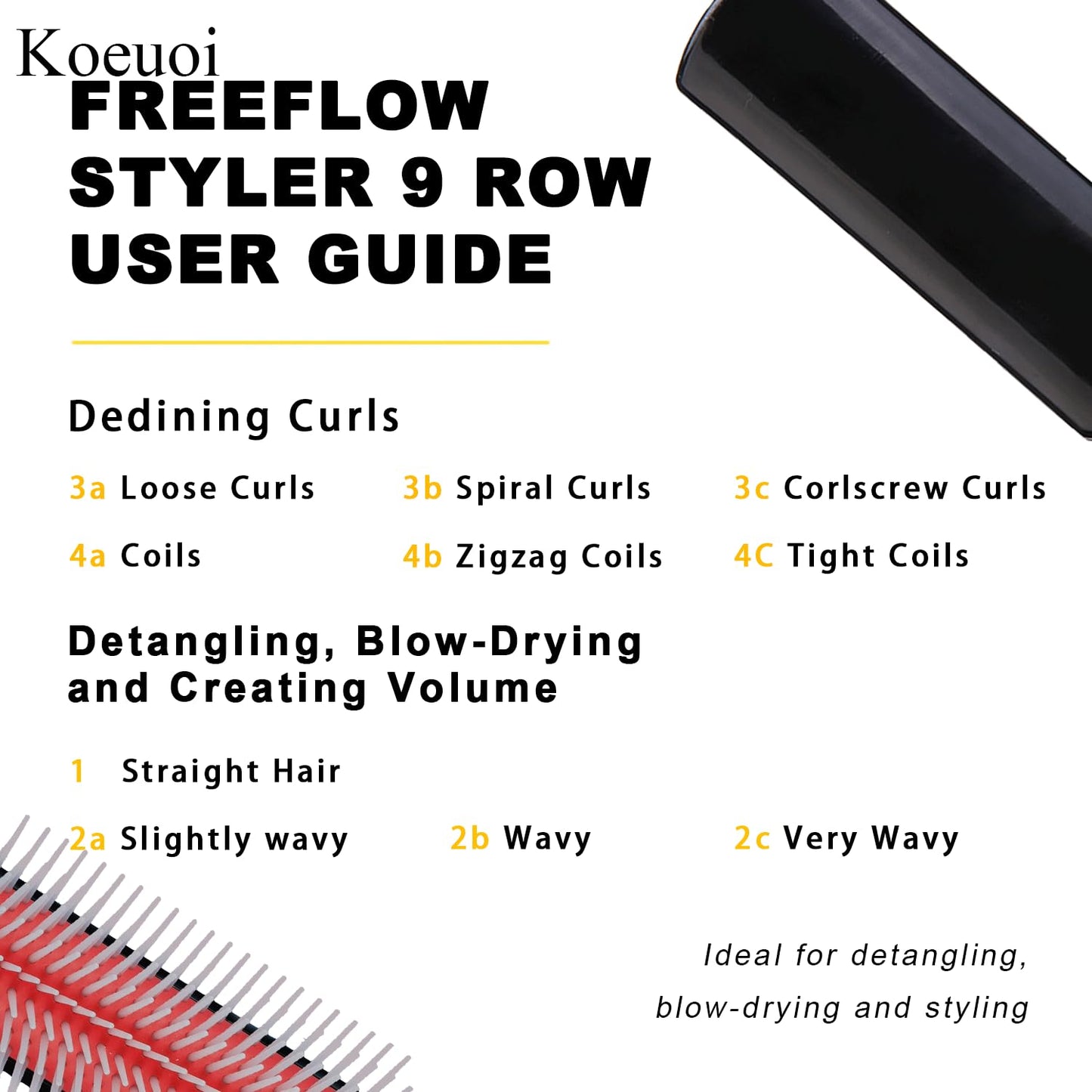 Koeuoi Classic Styling Curly Hair Brush. 9 Row Black Brush for Detangling, Separating, Shaping. For Women and Men Wet or Dry Hair.