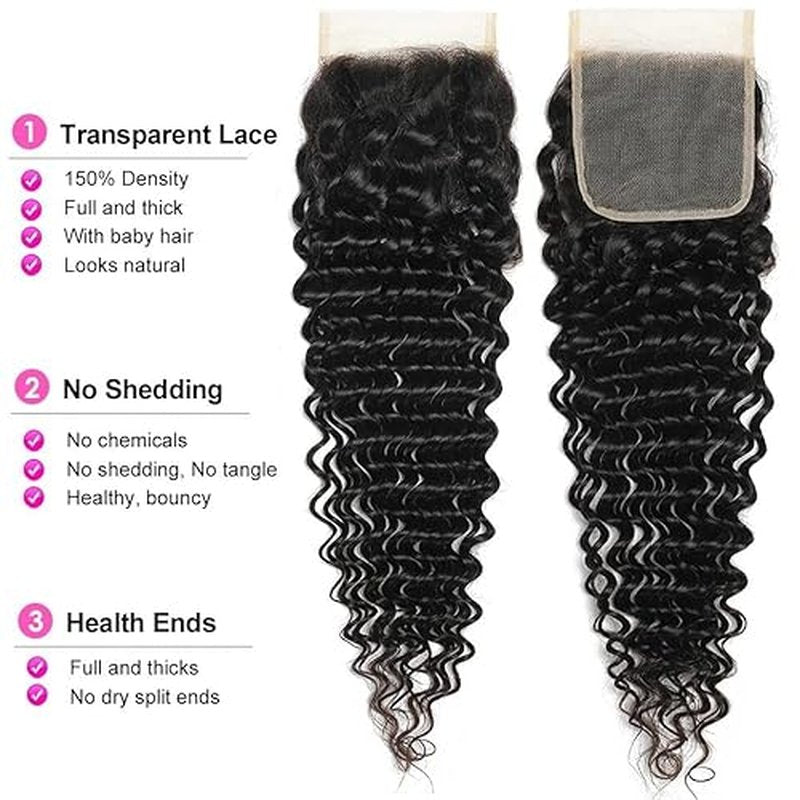Deep Wave Human Hair Bundles with Closure 12A Grade Brazilian Unprocessed Virgin Human Hair 3 Bundles With 4X4 Lace Closure Free Part 16 18 20+14 Inch Double Weft Water Wave