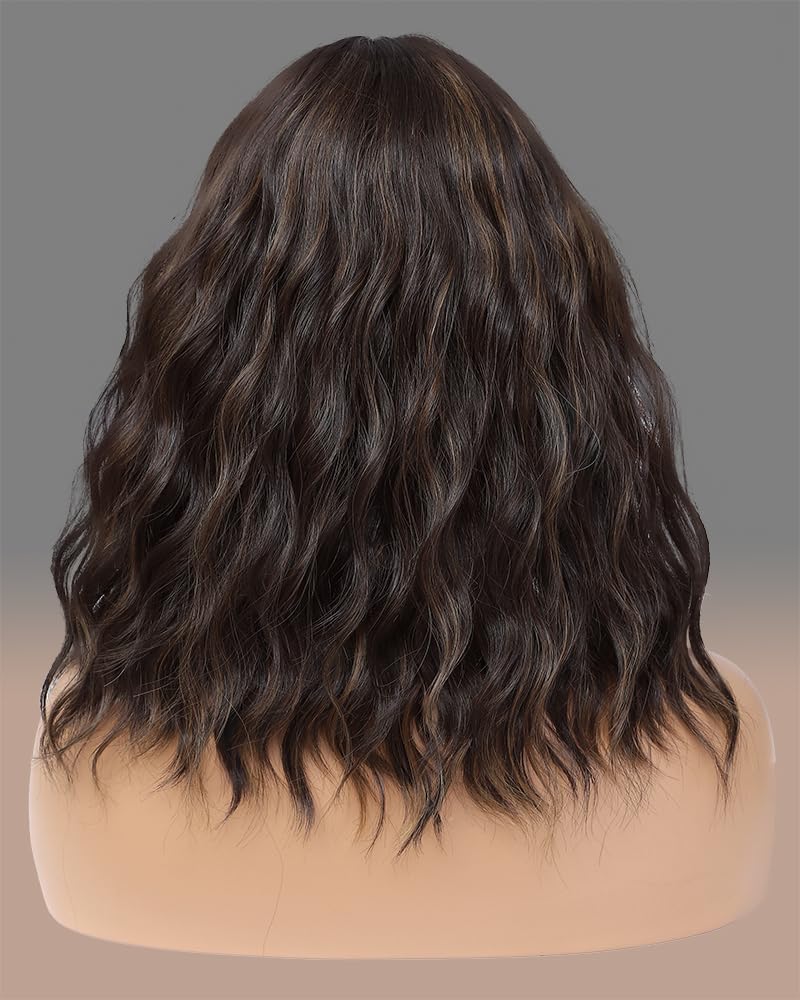 Brown Highlights Blonde Wig with Bangs for Women,14 Inch Wavy Bob Hair