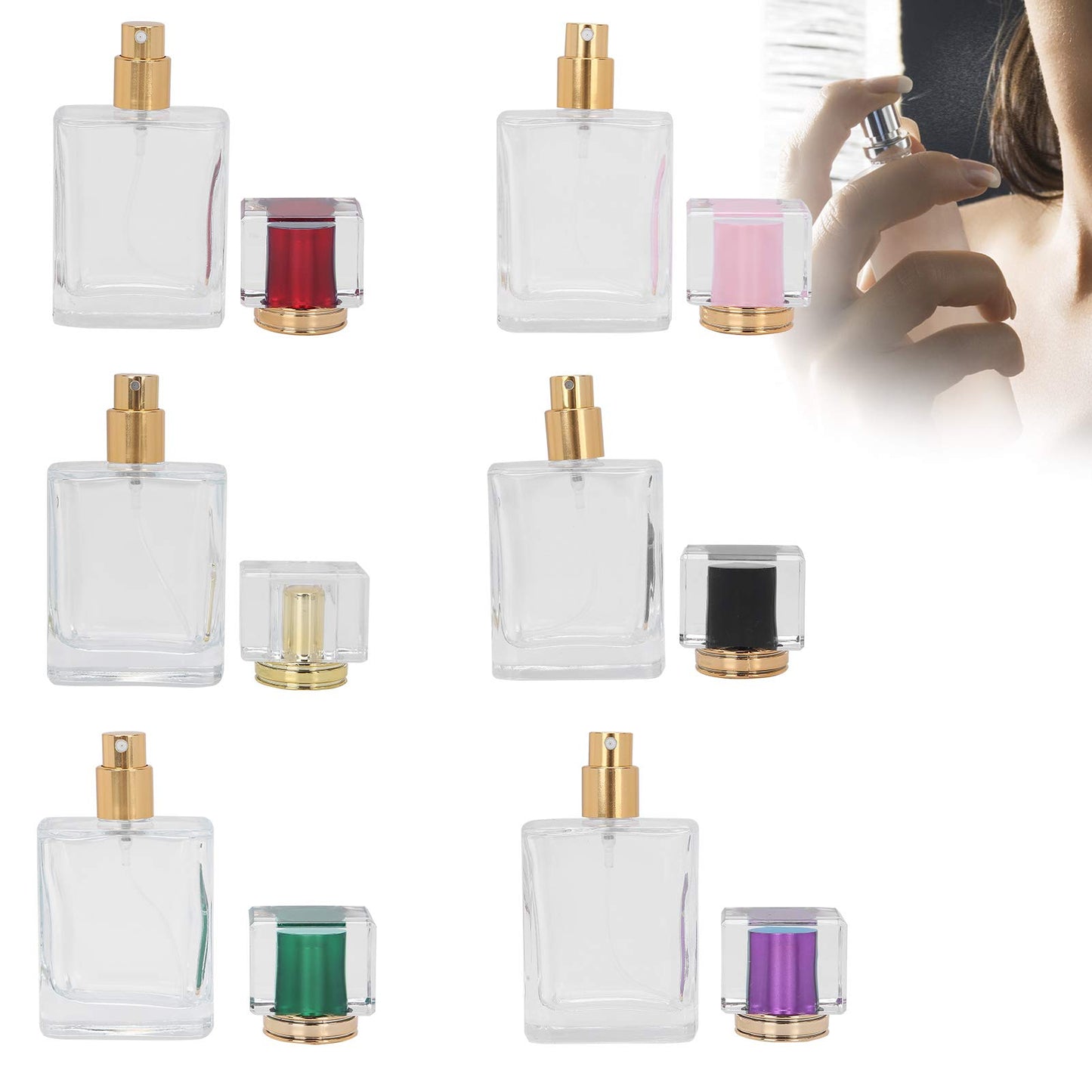 Yosoo 6Pcs 50ml Refillable Glass Perfume Bottles with Spray Atomizers for Aromatherapy Skincare - Multi-Color