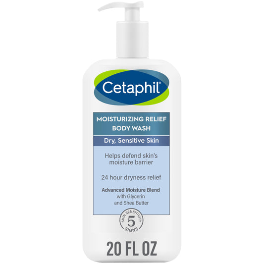 Cetaphil Body Wash, Moisturizing Relief Body Wash for Sensitive Skin, Creamy Rich Formula Gently Cleanses and Gives 24 Hour Relief to Dry Skin, Hypoallergenic, Fragrance Free, 20 oz