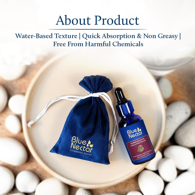 Blue Nectar Manjistha & Berry Face Serum | Helps Reduce the Appearance of Wrinkles & Improves the Look of Skin Firmness | Vitamin C & E Face Serum for Women & Men (13 Herbs, 1fl oz)