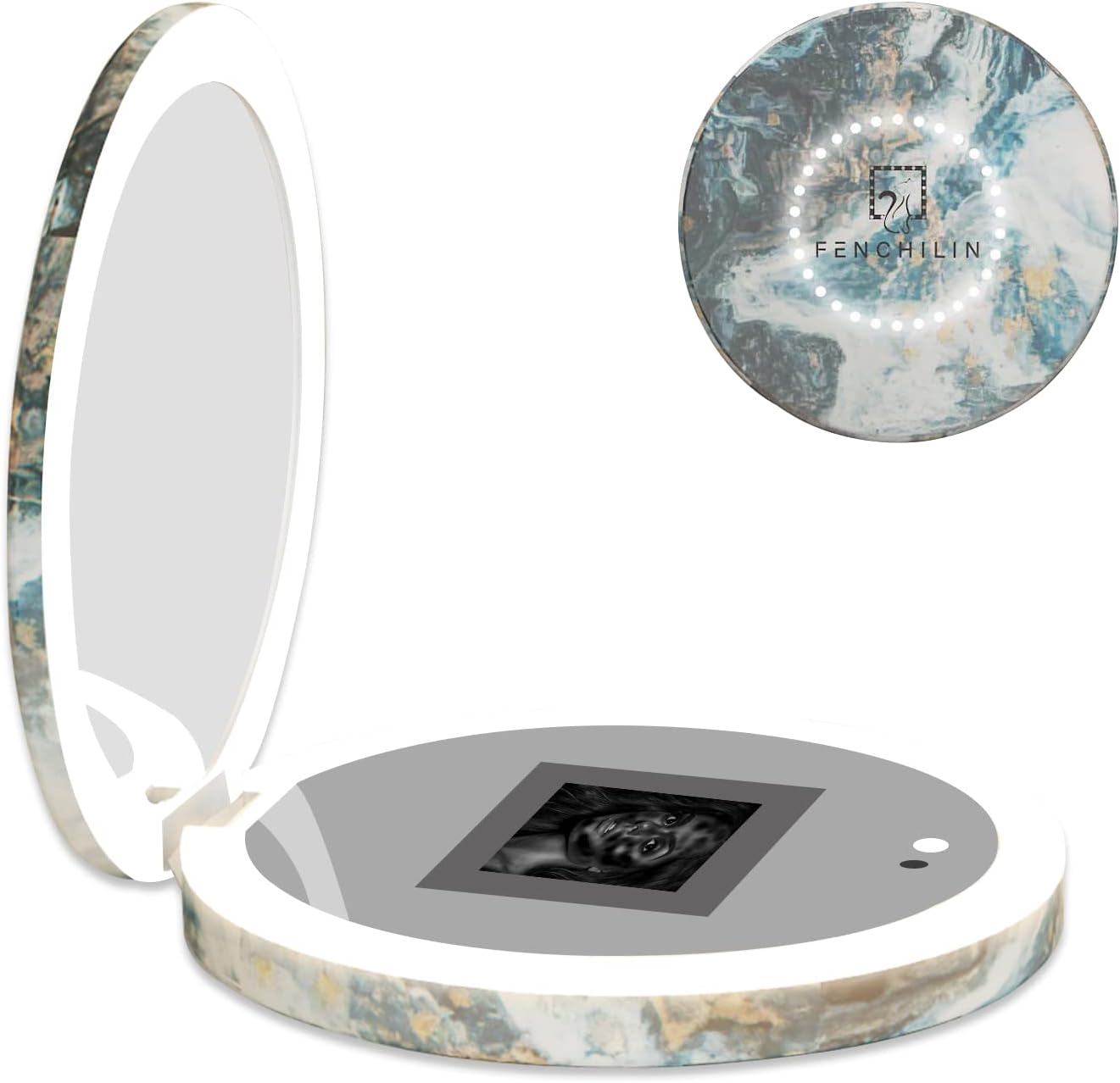 FENCHILIN UV Camera Mirror - Sunscreen Testing Compact Mirror with 2X Magnification & LED Light | Adjustable Brightness (Green)