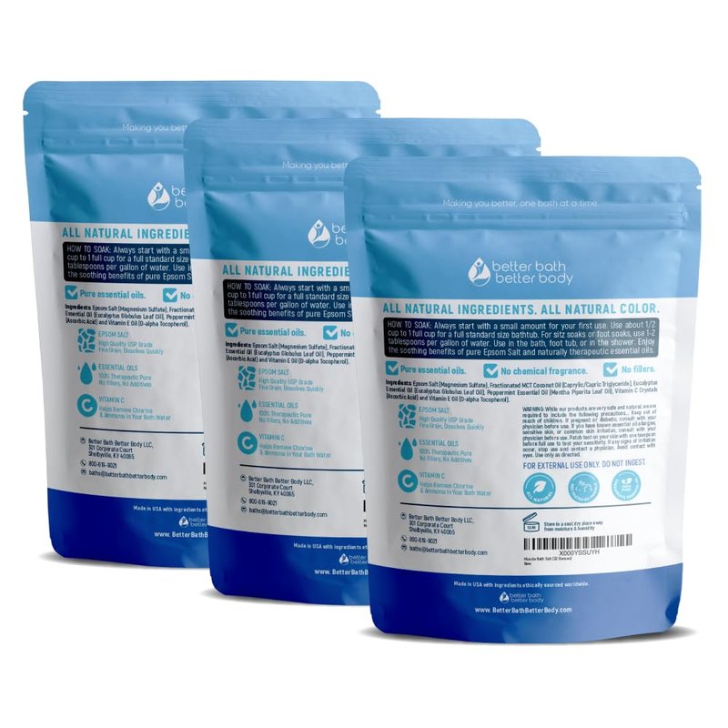 Muscle Bath Salt (3-Pack with Scoop) Muscle Bath Soaks with Pure Essential Oils in BPA Free Pouch with Press-Lock Seal Made in USA, Three 2-lbs Pouches 6-Lbs Total