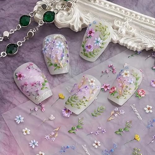 Flower Nail Stickers for Nail Art - Flowers Nail Art Stickers Summer Floral Leaf Plant 5D Embossed Nail Decals Self-Adhesive Nails Supply Manicure Sliders Flower Stickers for Nails Decoration