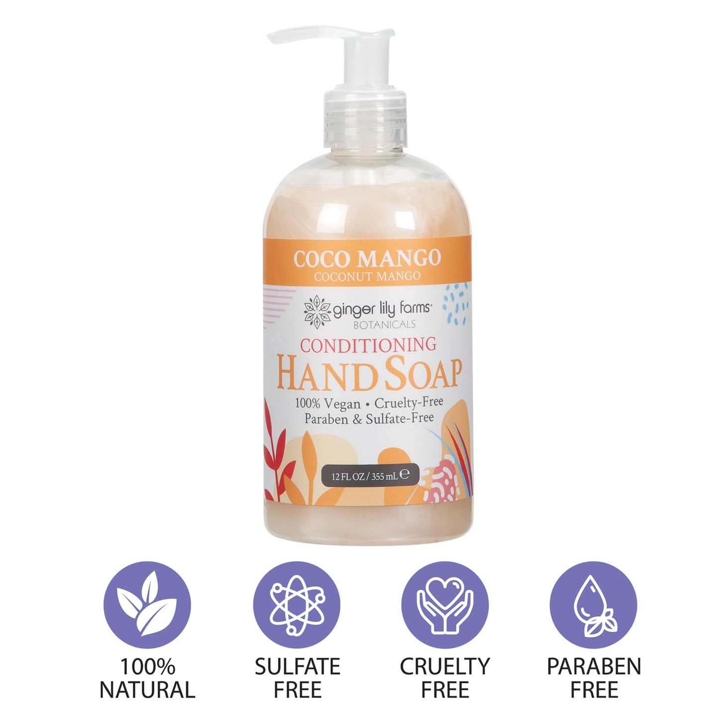 Ginger Lily Farms Botanicals Conditioning Liquid Hand Soap, Coco Mango, 100% Vegan & Cruelty-Free, Coconut Mango Scent, 12 Fl Oz (Pack of 6)