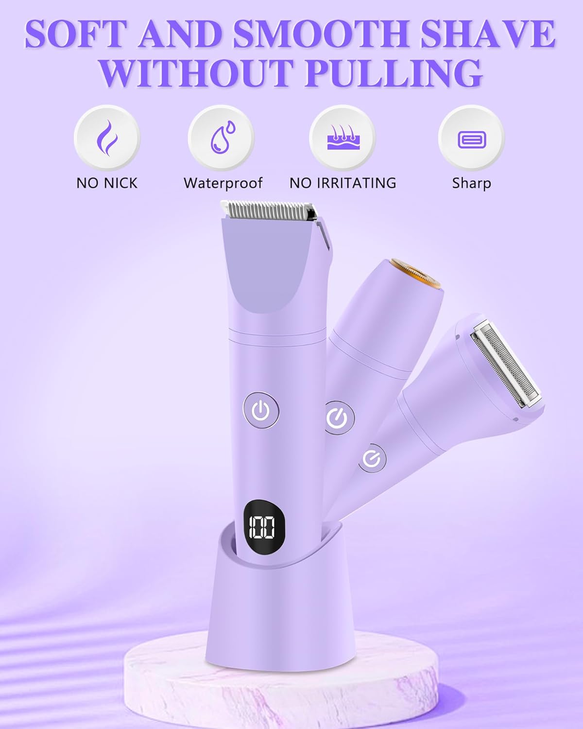 Bikini Trimmer for Women - 3-in-1 Electric Razor for Pubic & Body Hair | IPX6 Waterproof, Purple