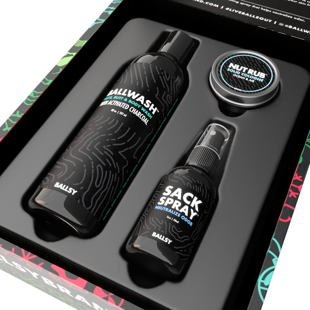 Ballsy Gift Set For Men, Jolly Jewels Pack, Includes Body Wash, Deodorizing Spray, and Cologne Rub, Men Hygiene Products, Mens Body Care, Ball Wash For Men Christmas Gift pack, Ocean and Air