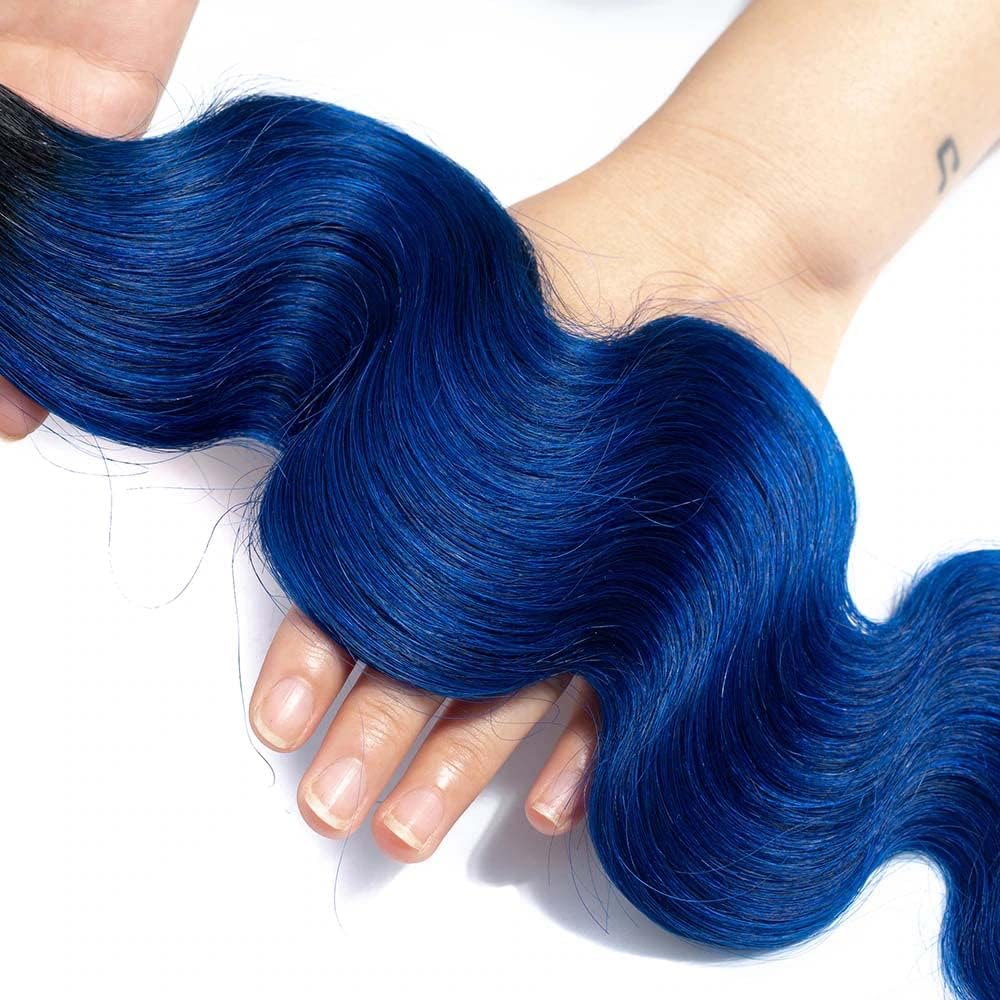 Cklikeb Human Hair Bundles T1B/Blue Color Body Wave Bundles Unprocessed Brazilian Virgin Human Hair 10 12 14 Inch 3 Bundles Quick Weave Human Hair Extensions 300g (T1B/Blue Body Wave, 10 12 14)