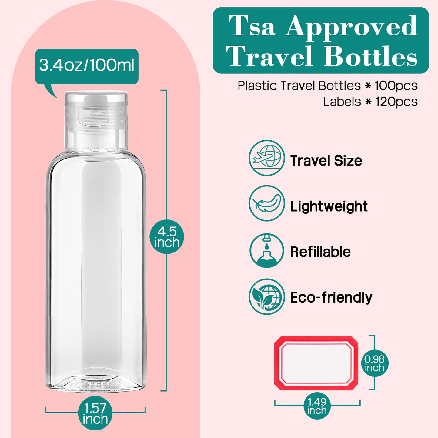 50pcs Empty 3.4 oz Travel Bottles with Flip Black Cap for Liquids Lotion