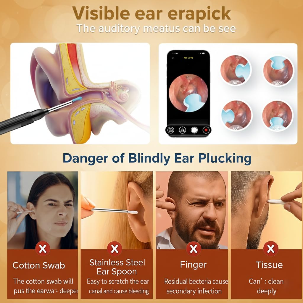 Ear Wax Removal - Earwax Remover Tool with 8 Pcs Ear Set, Ear Cleaner with 2400P HD Camera with 6 LED Lights, Built-in WiFi,Ear Cleaning Kit for iOS and Android