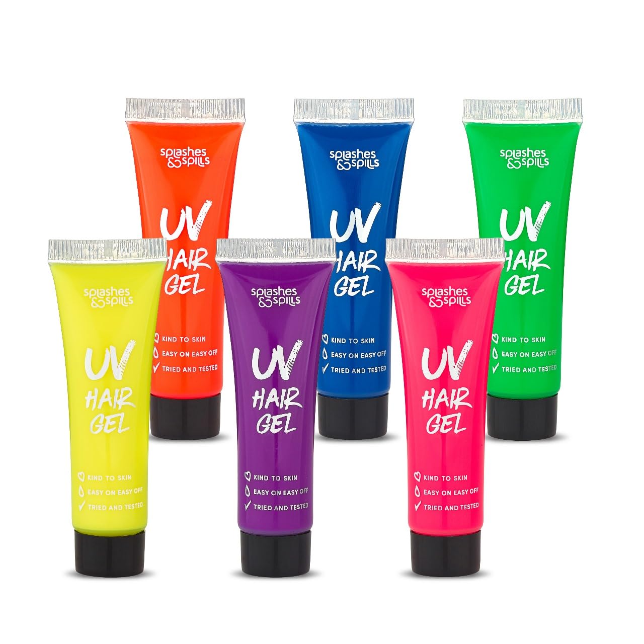UV Neon Hair Gel Set - 6 Bright Non-Toxic Colors with Black Light Glow for Raves, Parties, Clubs, Halloween Costume - Non-Toxic Temporary Wash Out Color - by Splashes and Spills