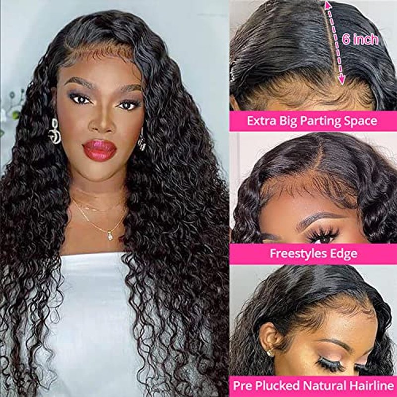 13x6 HD Transparent Lace Front Wigs Human Hair 180 Density Curly Lace Front Wigs Water Wave Wigs for Women Wet and Wavy Human Hair Wig Pre Plucked with Baby hair Natural Color (22 Inch)