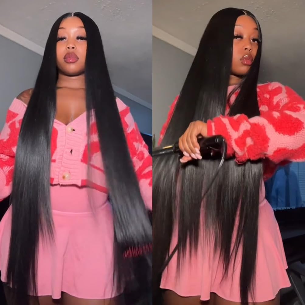 Style Icon 38" Super Long Straight Wigs Lace Front Wigs 6" Deeper Middle Part Wig Black Synthetic Wig (38", 1B)