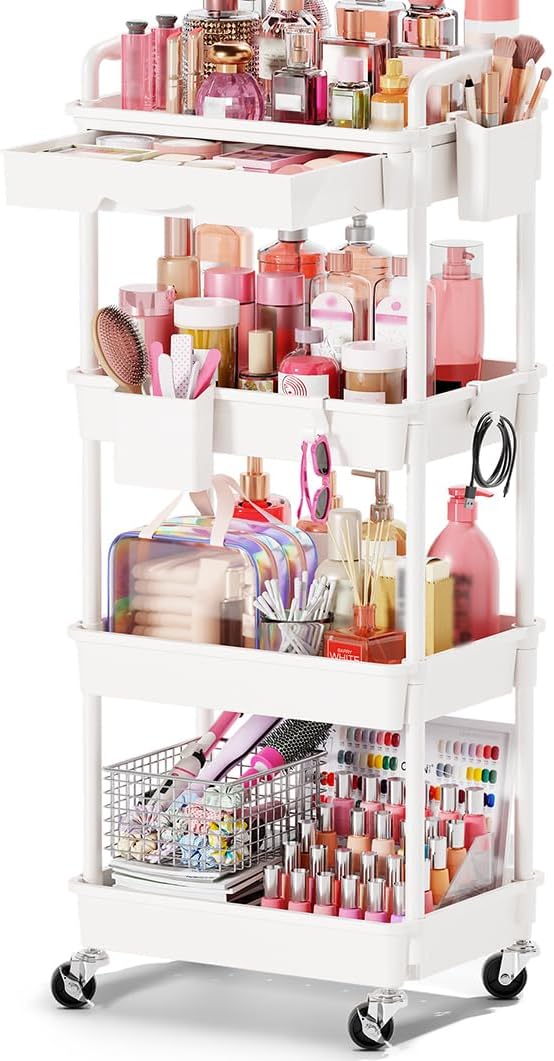 Rolling Makeup Organizer Cart - 4-Tier White Skincare Storage with Removable Drawer | Vanity & Beauty Display